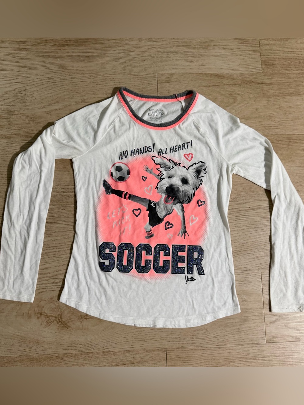 Justice White Long Sleeve Tee with Neon Pink Soccer Graphic